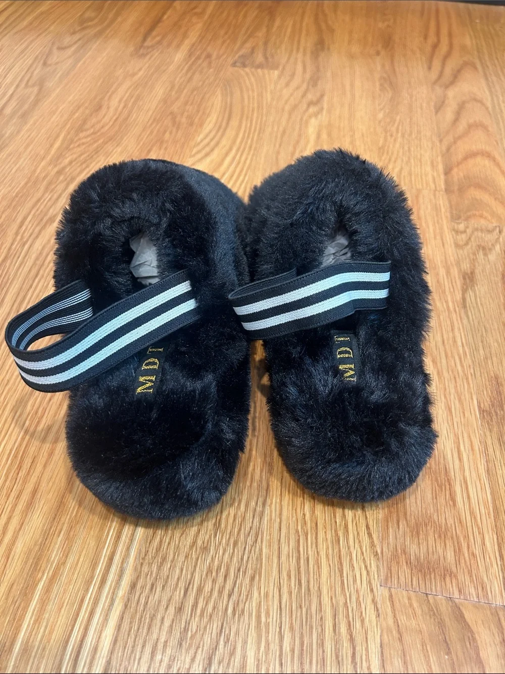 Faux Fur Black Fuzzy Slide Slippers Rhinestone Stripes elastic strap size 6 new